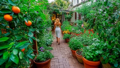 Mujer paseando entre jardín comestible