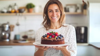 Mujer con bizcocho de chocolate